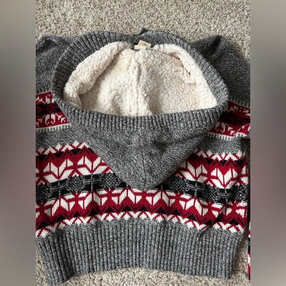 YET AGAIN Fair Isle Sweater Sherpa-lined Hoodie Pom-Pom Drawstring Gray & Red M - Picture 5 of 8
